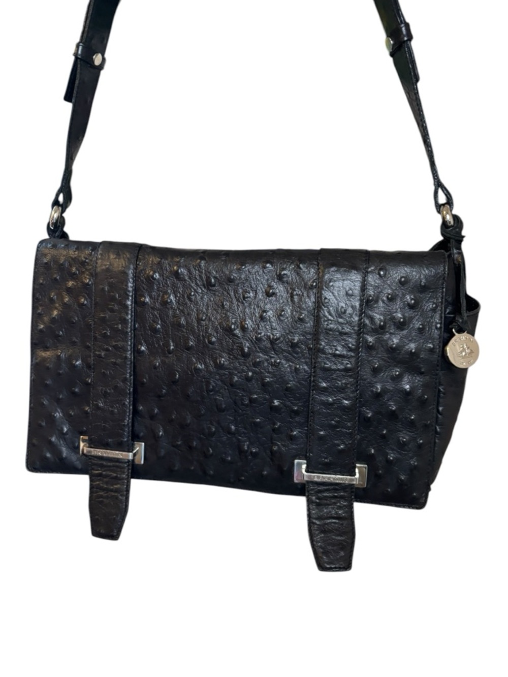 Brahmin Black Ostrich Embossed Leather Shoulder Bag | Classic Luxe